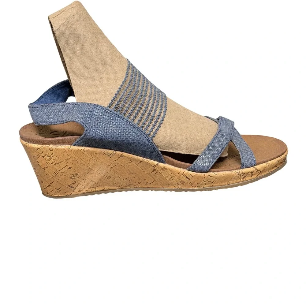 Skechers Cali Rumblers Wedge Sandals Womens‎ 8 Blue Denim Metallic Strappy Cork